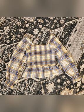 SweetHoney Blue & Yellow Plaid Smocked Peplum Top